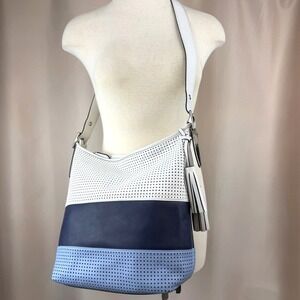 COACH Legacy Perforated Duffle Leather White Blue Stripe Coastal Spring‎ Resort